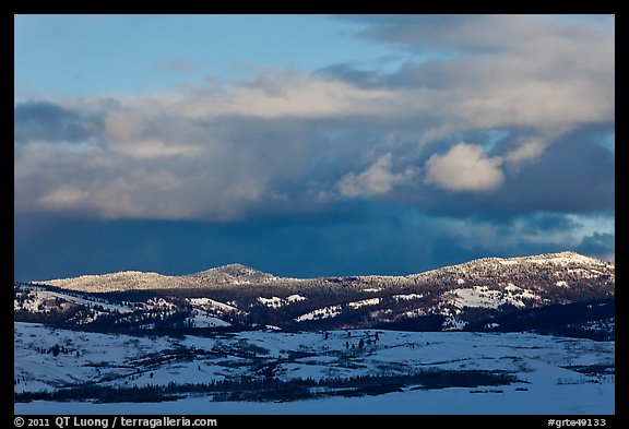 Late light on hills in winter. Grand Teton National Park, Wyoming, USA.