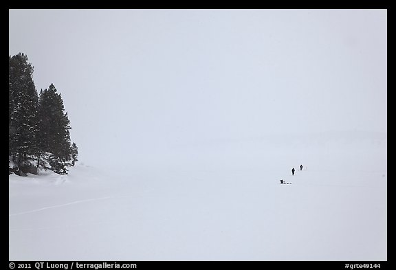 Frozen Jackson Lake in white-out, ice fishermen. Grand Teton National Park, Wyoming, USA.