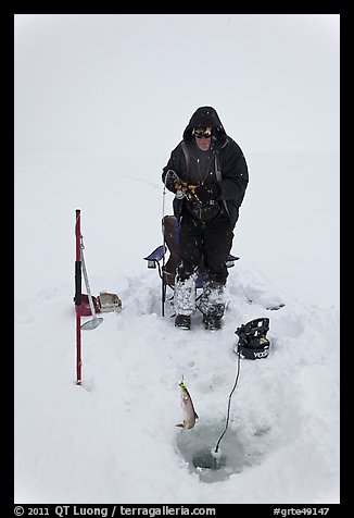 Man catching fish through hole in Jackson Lake ice. Grand Teton National Park, Wyoming, USA.