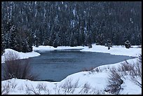 Snake River and forest covered hill in winter. Grand Teton National Park, Wyoming, USA.