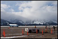 Jackson Hole Airport and cloud-capped Teton Range. Grand Teton National Park, Wyoming, USA. (color)