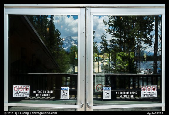 Jackson Lake and Tetons, Colter Bay Visitor Center window reflexion. Grand Teton National Park (color)