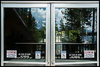 Jackson Lake and Tetons, Colter Bay Visitor Center window reflexion. Grand Teton National Park ( color)