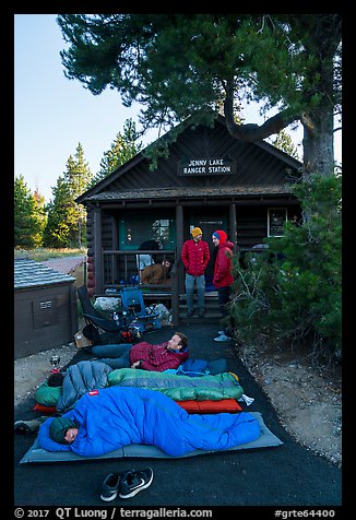 Outdoorsmen camping out in front of Jenny Lake Ranger Station for permits. Grand Teton National Park (color)