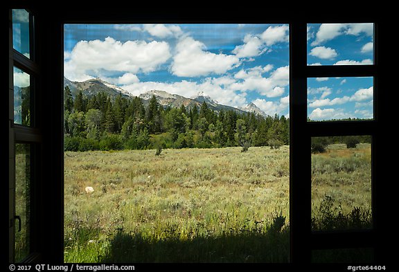 Tetons seen from inside Laurence S. Rockefeller Preserve visitor center. Grand Teton National Park (color)