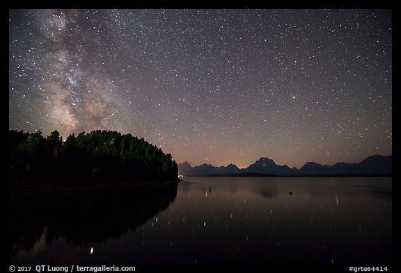 Trees, Milky Way and Teton Range above Jackson Lake. Grand Teton National Park, Wyoming, USA.