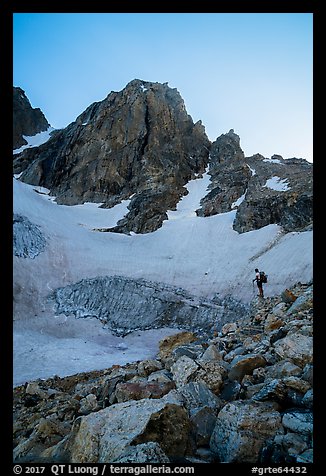 Mountaineer stands below Middle Teton and glacier. Grand Teton National Park (color)