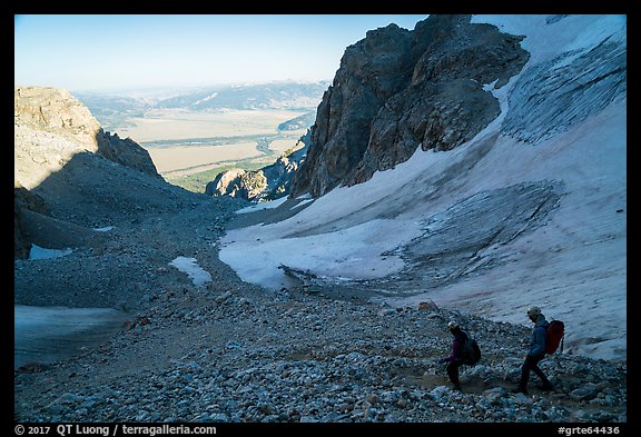 Mountaineers hiking down rocky trail, Garnet Canyon. Grand Teton National Park (color)