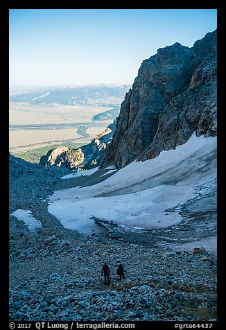 Mountaineers hiking down rocky slope, Garnet Canyon. Grand Teton National Park (color)