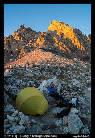 Camp at Lower Saddle and Grand Teton at sunset. Grand Teton National Park (color)