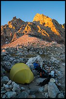 Camp at Lower Saddle and Grand Teton at sunset. Grand Teton National Park ( color)