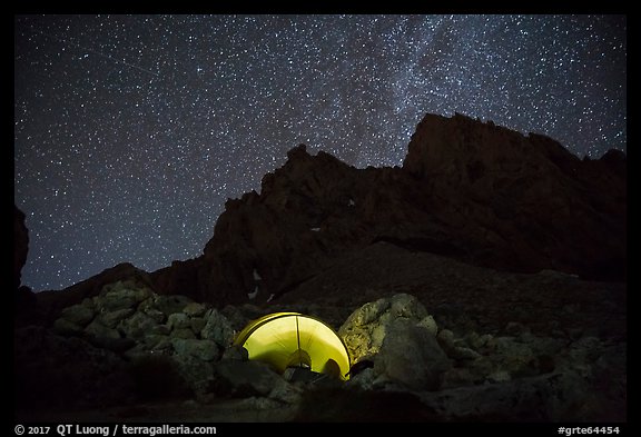 Camp at Lower Saddle and Grand Teton at night. Grand Teton National Park, Wyoming, USA.