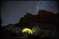 Camp at Lower Saddle and Grand Teton at night. Grand Teton National Park, Wyoming, USA.