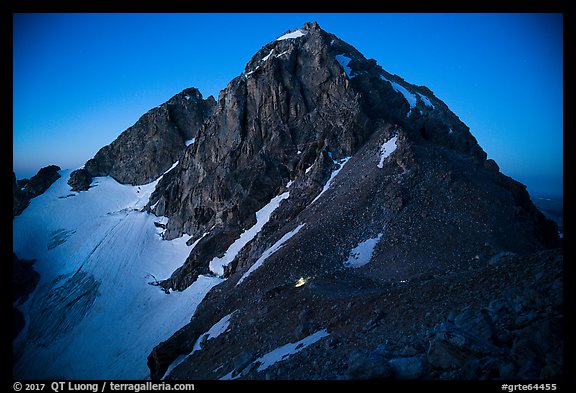 Middle Teton at night, with lights from climbers approaching. Grand Teton National Park (color)