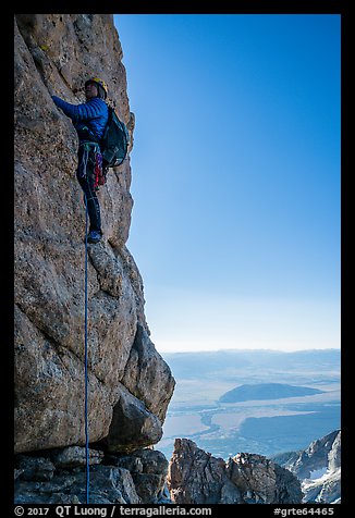 Climber leading Exum Direct route on Grand Teton. Grand Teton National Park (color)