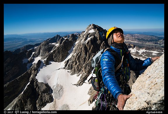 Mountaineer looks up while climbing Grand Teton. Grand Teton National Park (color)