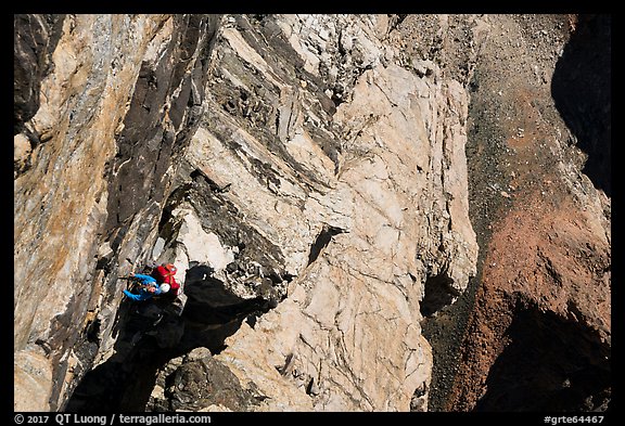 Looking down climbers on steep wall of Grand Teton. Grand Teton National Park (color)