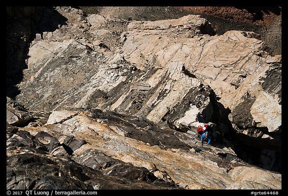 Climbers ascend steep wall on Grand Teton's direct Exum route. Grand Teton National Park (color)