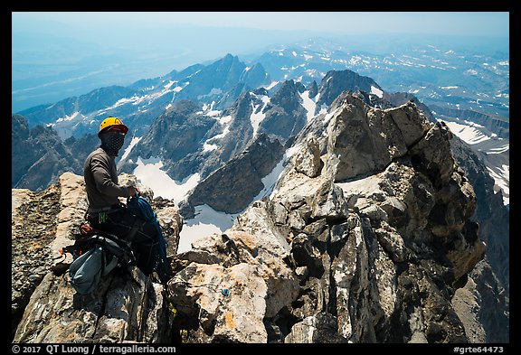 Climber handling rope on Upper Exum Ridge, Grand Teton. Grand Teton National Park (color)