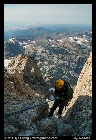 Climber rappels down Sargeant's Chimney on Grand Teton. Grand Teton National Park (color)