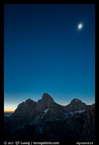 Tetons with eclipsed sun. Grand Teton National Park, Wyoming, USA.