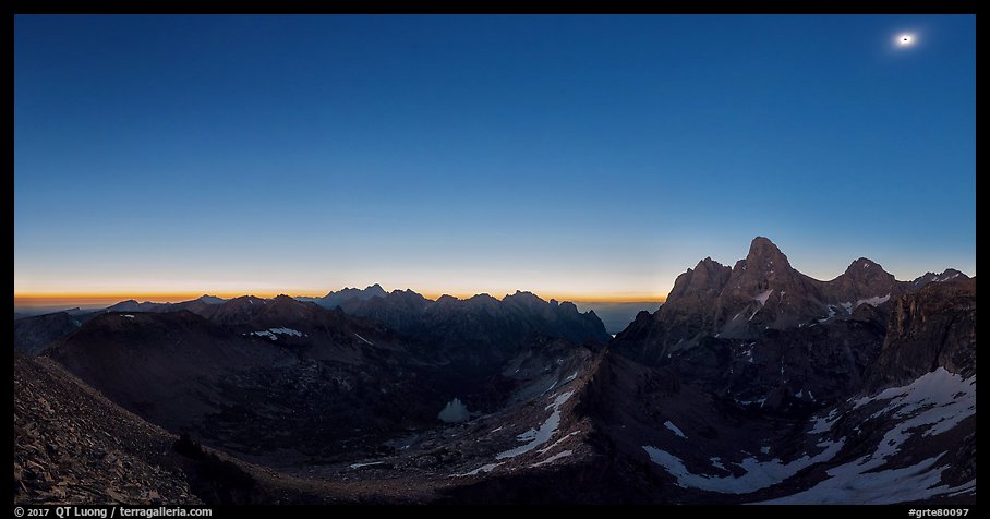 Omnidirectional horizon glow and eclipsed sun over the Tetons. Grand Teton National Park (color)