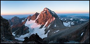 Middle Teton and Lower Saddle from Grand Teton at sunrise. Grand Teton National Park (Panoramic color)