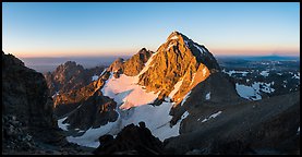 Middle Teton and Lower Saddle from Grand Teton, sunrise. Grand Teton National Park (Panoramic color)