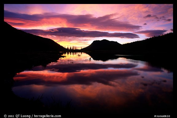 Colorful sunrise clouds reflected in a pond in Horseshoe park. Rocky Mountain National Park (color)