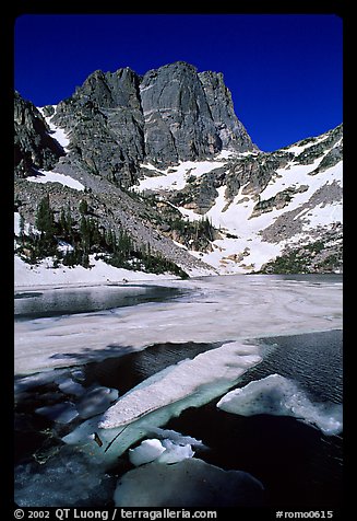 Ice break-up in Emerald Lake and Hallet Peak, early summer. Rocky Mountain National Park, Colorado, USA.