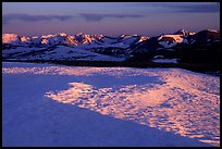 Neve and Never Summer range in early summer at sunset. Rocky Mountain National Park, Colorado, USA.