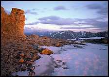 Rock tower and neve at sunset, Rock Cut. Rocky Mountain National Park, Colorado, USA. (color)