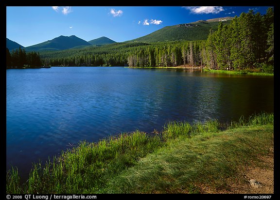 Sprague Lake, and forested peaks, morning. Rocky Mountain National Park, Colorado, USA.