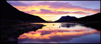 Cloud reflected in pond at sunrise. Rocky Mountain National Park, Colorado, USA.