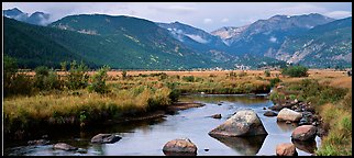 Stream and meadows in autumn. Rocky Mountain National Park (Panoramic color)