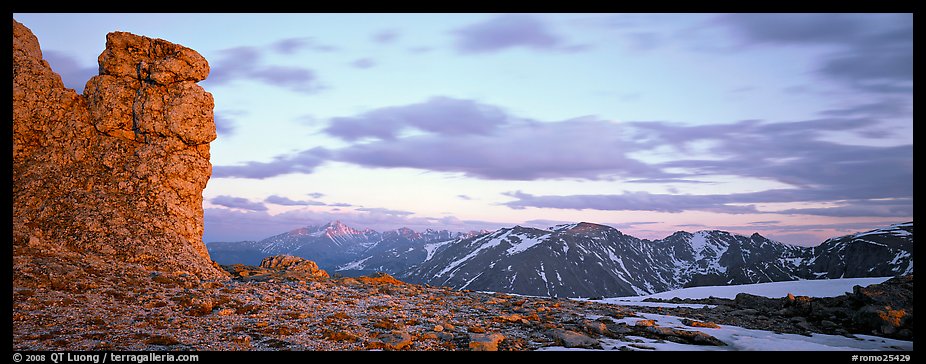 Rock near Toll Memorial at sunset. Rocky Mountain National Park, Colorado, USA.