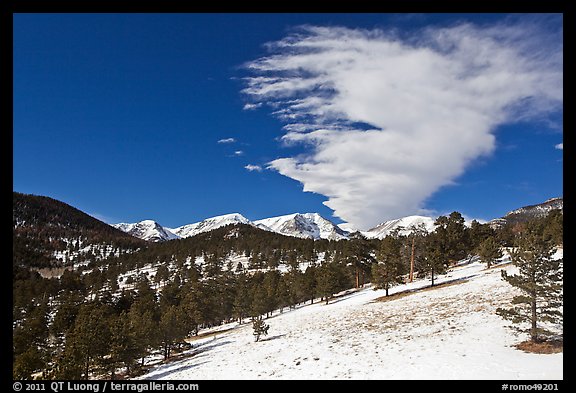 Partly thawed meadow, snowy range, and cloud. Rocky Mountain National Park, Colorado, USA.
