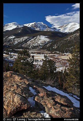 West Horseshoe Park from above, snowy peaks. Rocky Mountain National Park, Colorado, USA.