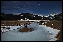 Frozen stream, Moraine Park at night. Rocky Mountain National Park, Colorado, USA.