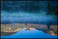 Mist and Never Summer Mountains reflection. Rocky Mountain National Park, Colorado, USA.