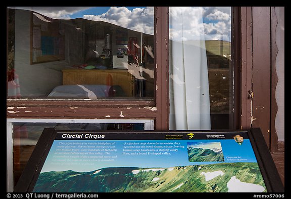 Interpretative sign and Alpine Visitor Center window reflexion. Rocky Mountain National Park, Colorado, USA.