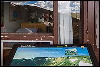 Interpretive sign and Alpine Visitor Center window reflexion. Rocky Mountain National Park, Colorado, USA.