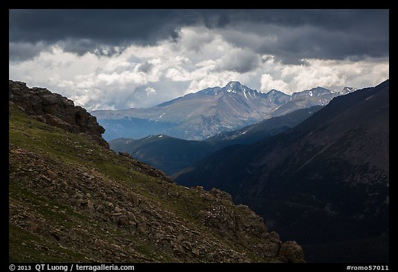 Longs Peak range under dark skies. Rocky Mountain National Park, Colorado, USA.