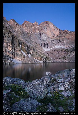 Longs Peak Diamond face and Chasm Lake at dawn. Rocky Mountain National Park (color)