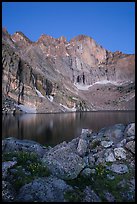 Longs Peak Diamond face and Chasm Lake at dawn. Rocky Mountain National Park, Colorado, USA.