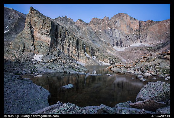 Longs Peak above Chasm Lake at dawn. Rocky Mountain National Park, Colorado, USA.