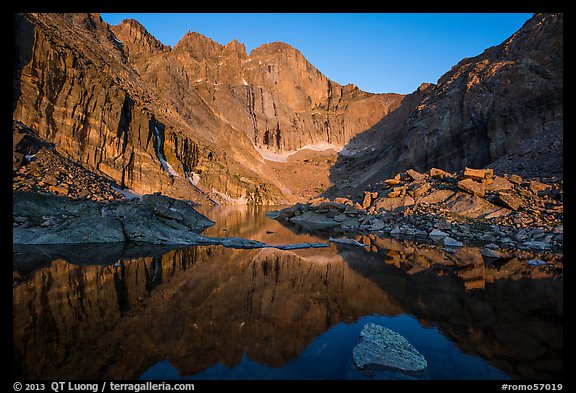 Longs Peak above Chasm Lake at sunrise. Rocky Mountain National Park, Colorado, USA.