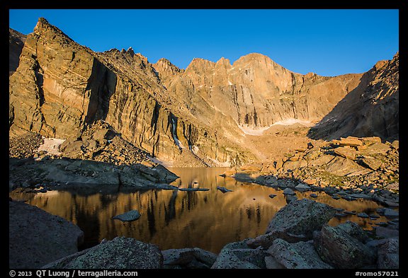 Chasm Lake with Longs Peak, Mt Meeker, and Mount Lady Washington at sunrise. Rocky Mountain National Park, Colorado, USA.