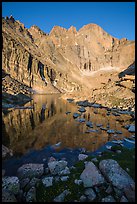 Longs Peak Diamond rises above Longs Peak at sunrise. Rocky Mountain National Park, Colorado, USA.