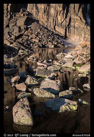 Rock wall, and boulders, Chasm Lake. Rocky Mountain National Park, Colorado, USA.